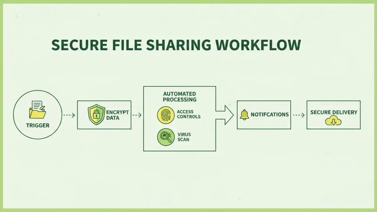 Infographic illustrating the steps to build secure file sharing automation workflows