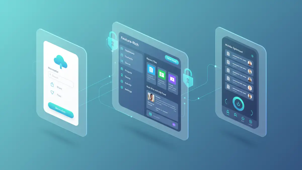 secure file sharing Comparison of secure file sharing platform UI designs: minimalist, feature-rich, and mobile-optimized.
