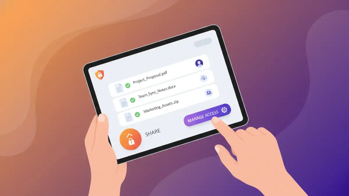 secure file sharing User interacting with a mobile-optimized secure file sharing interface on a tablet.