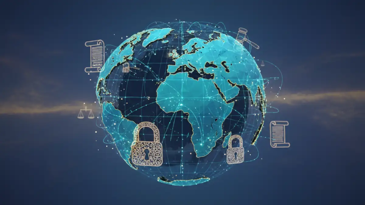 Global secure file sharing laws visualized with interconnected data and security icons