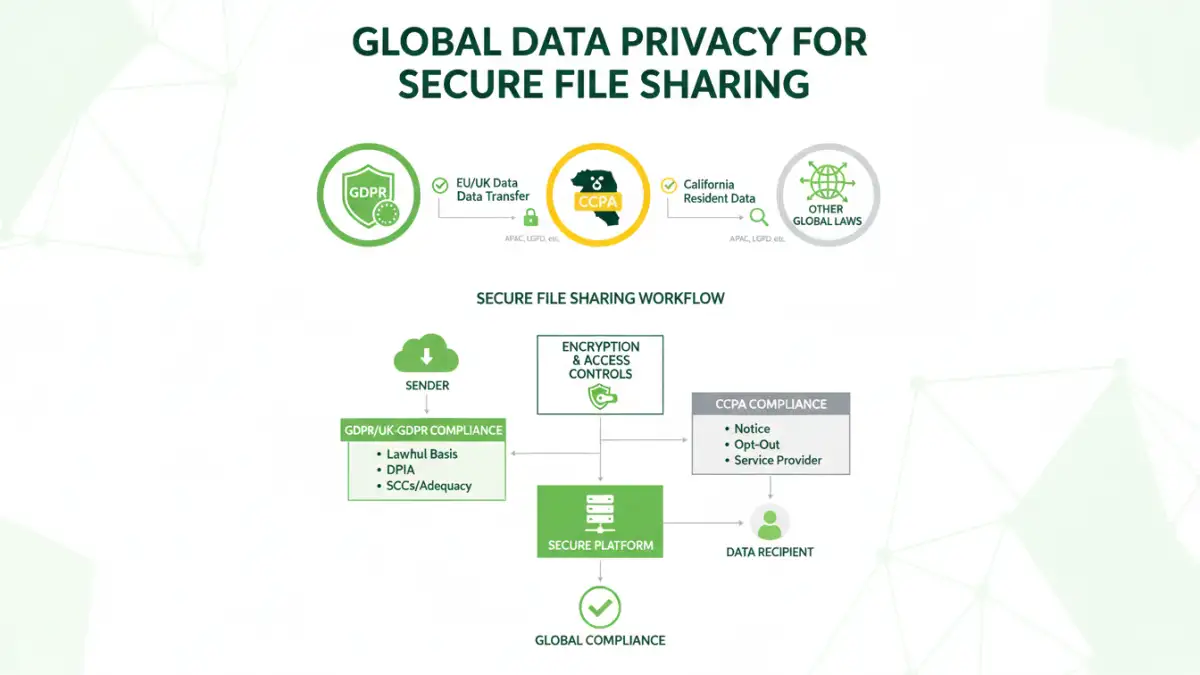 secure file sharing laws - Infographic detailing major international data protection laws for secure file sharing