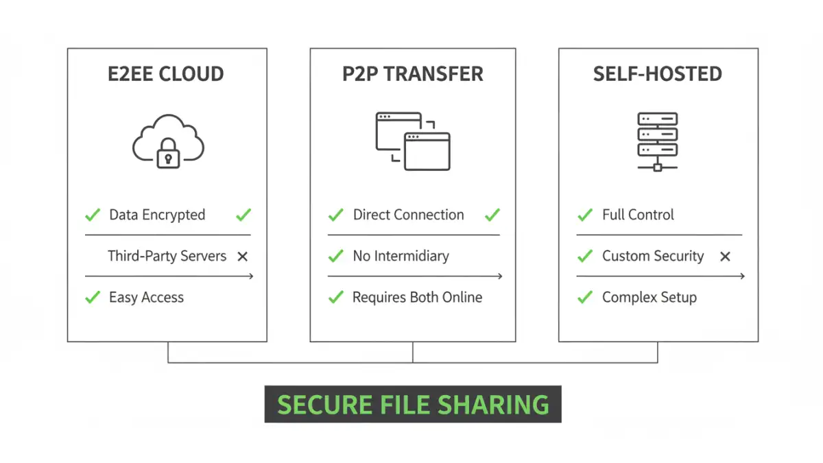 secure file sharing methods secure file sharing methods - Infographic comparing the pros and cons of different encrypted file transfer methods.