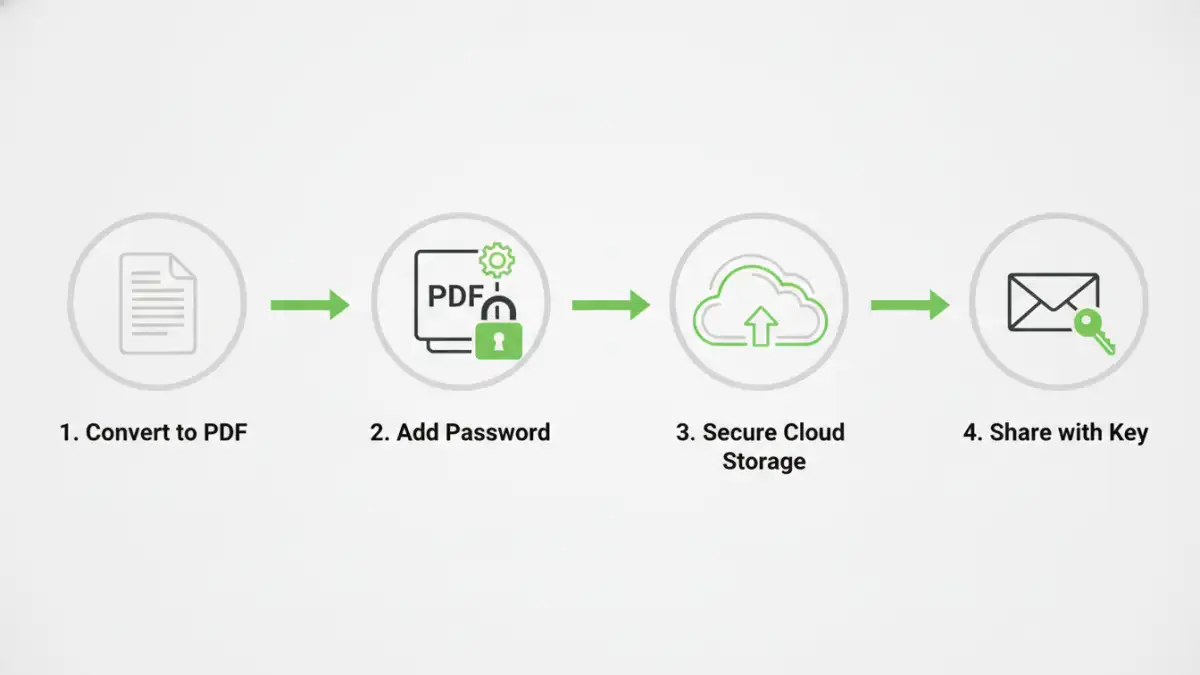secure file sharing pdf - Infographic showing steps for creating and sharing password-protected PDFs