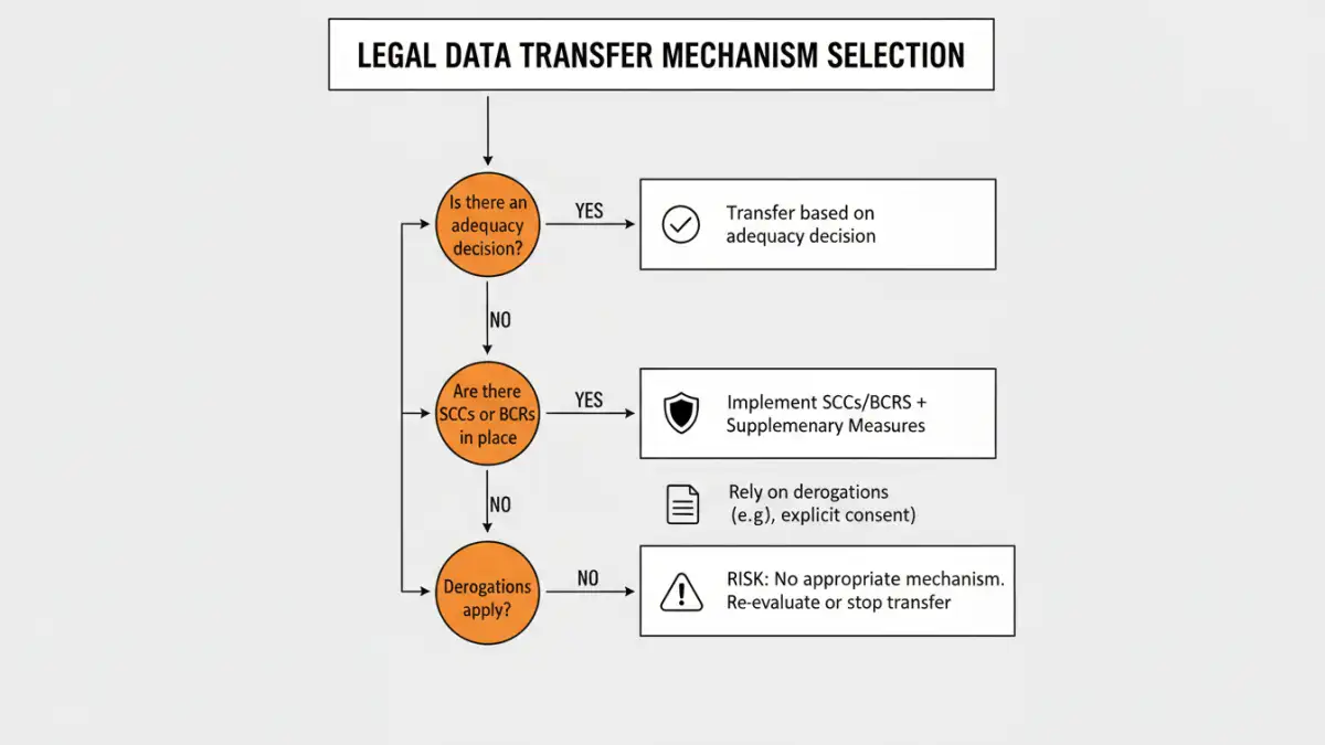secure file sharing regulations - Flowchart explaining how to choose a compliant data transfer mechanism like SCCs or DPF.