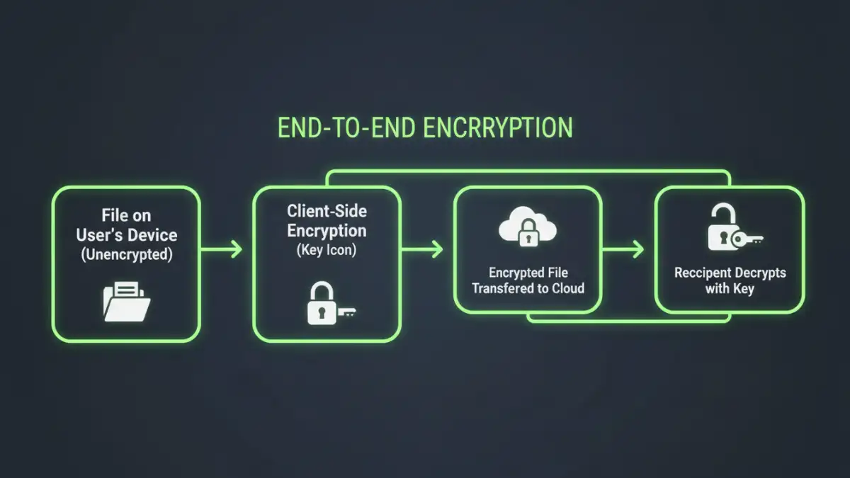 secure file sharing review - Infographic explaining the process of end-to-end encrypted file transfer.