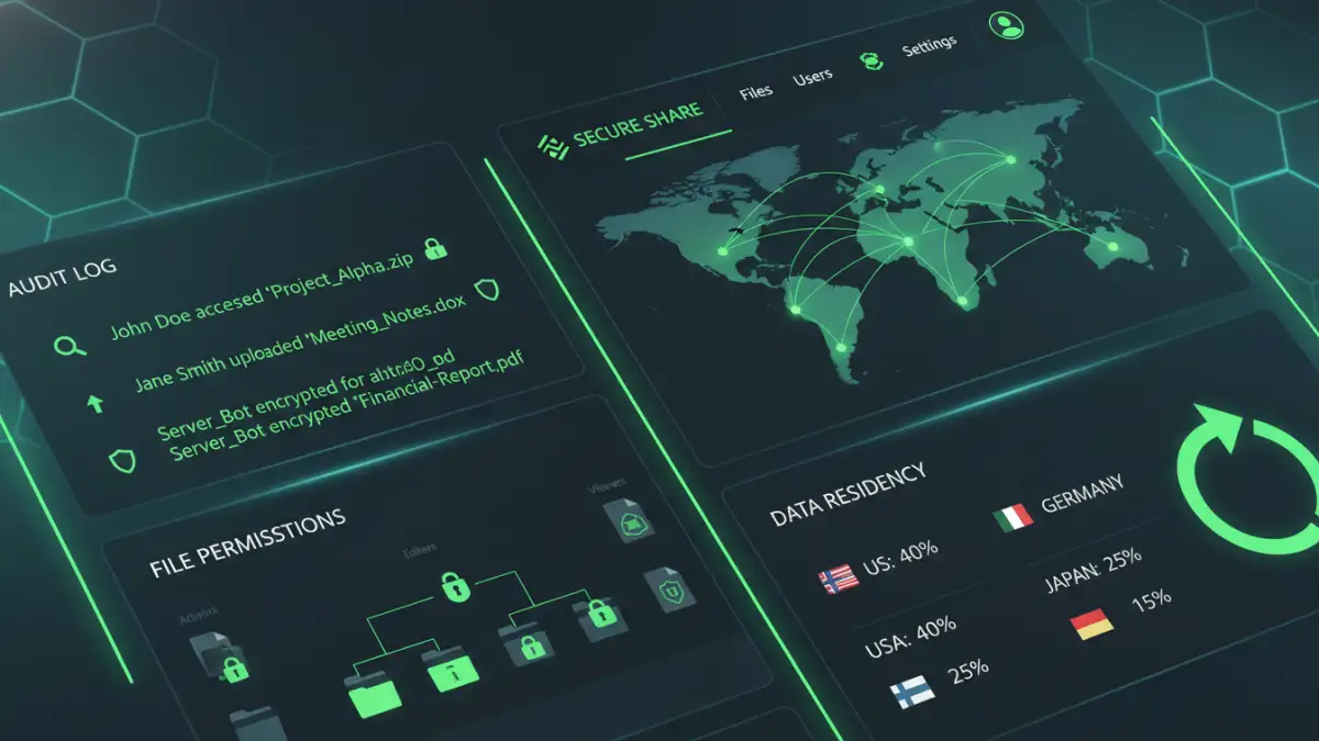 secure file sharing survey - An image of a modern file transfer security dashboard showing audit trails and access controls.