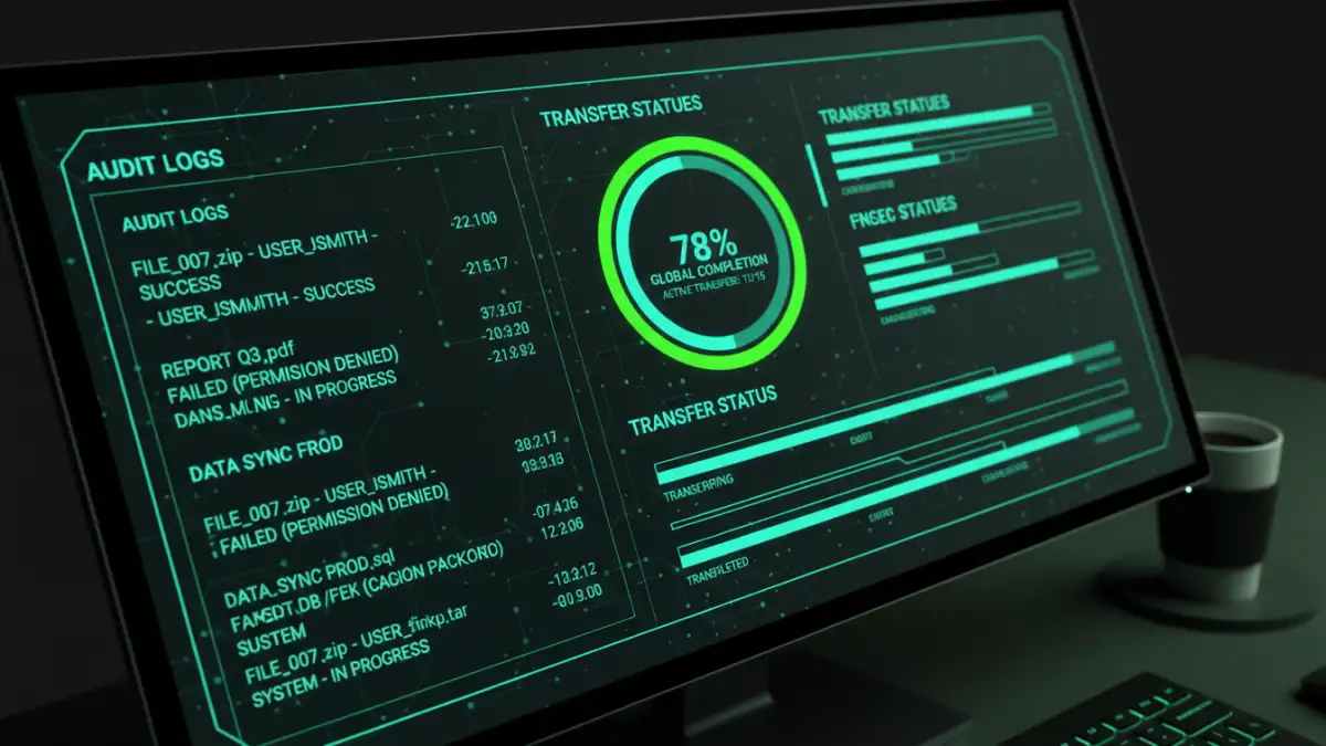 secure file transfer market - A Managed File Transfer dashboard displaying secure file transfer logs and statuses.