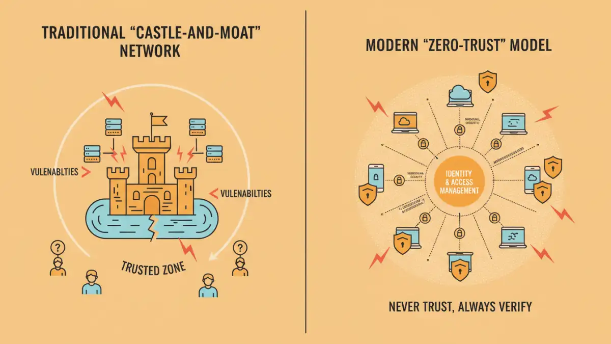 secure file transfer market - Infographic comparing legacy office network security with modern zero-trust models for remote work.