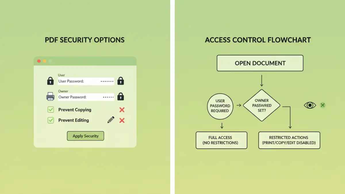 secure pdf access control - Infographic showing steps for setting PDF access controls and password types