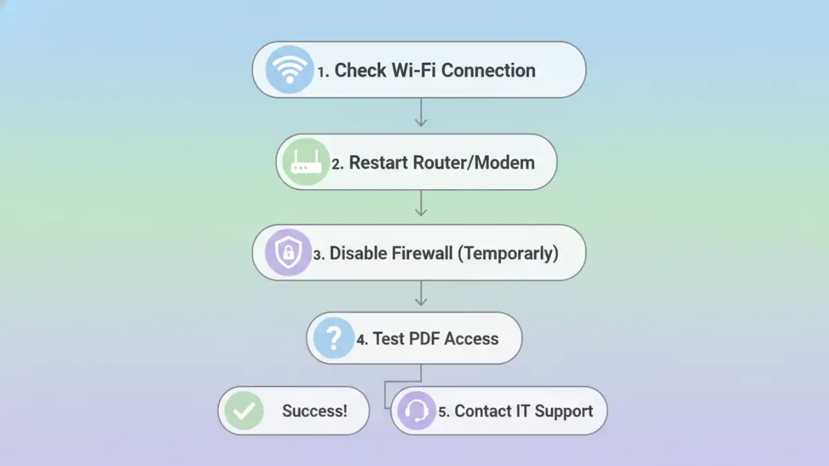 Infographic showing steps to troubleshoot network issues for secure PDF access