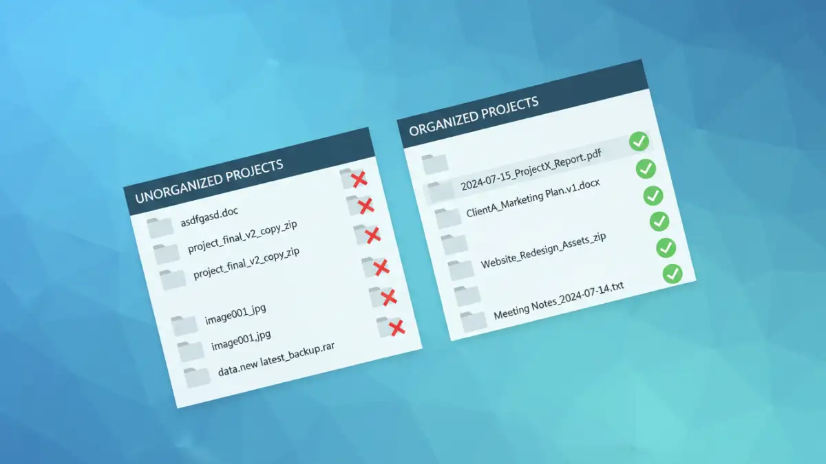 A visual comparison of disorganized versus organized secure PDF files using a smart naming convention.