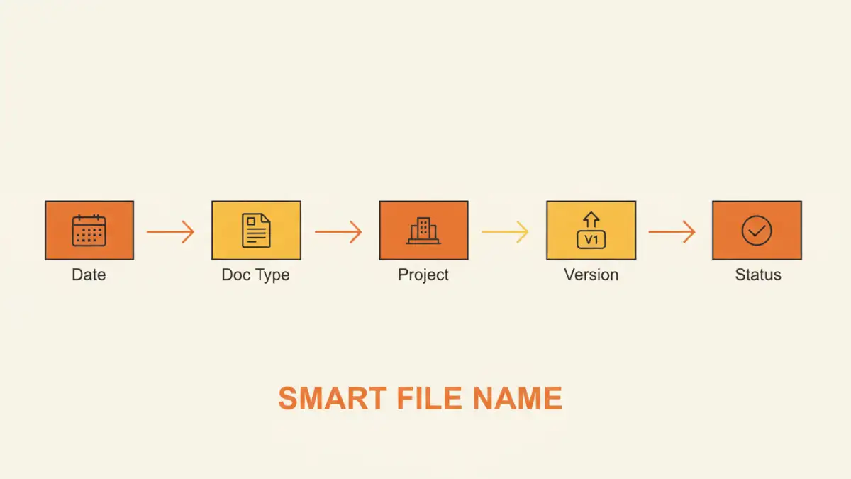 secure pdf files - Infographic explaining the structure of a good PDF naming convention for document security.