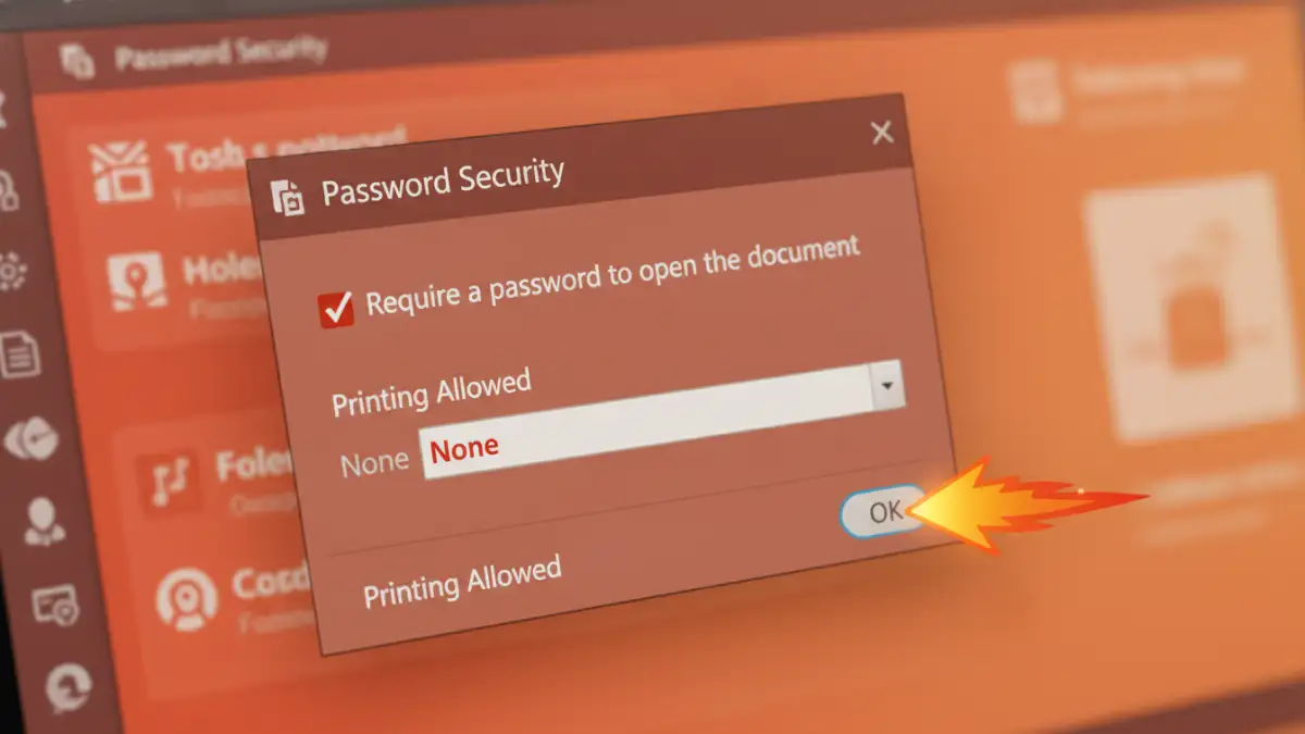 secure pdf for photographers - A screenshot showing how to password protect photos and set permissions within a PDF application.