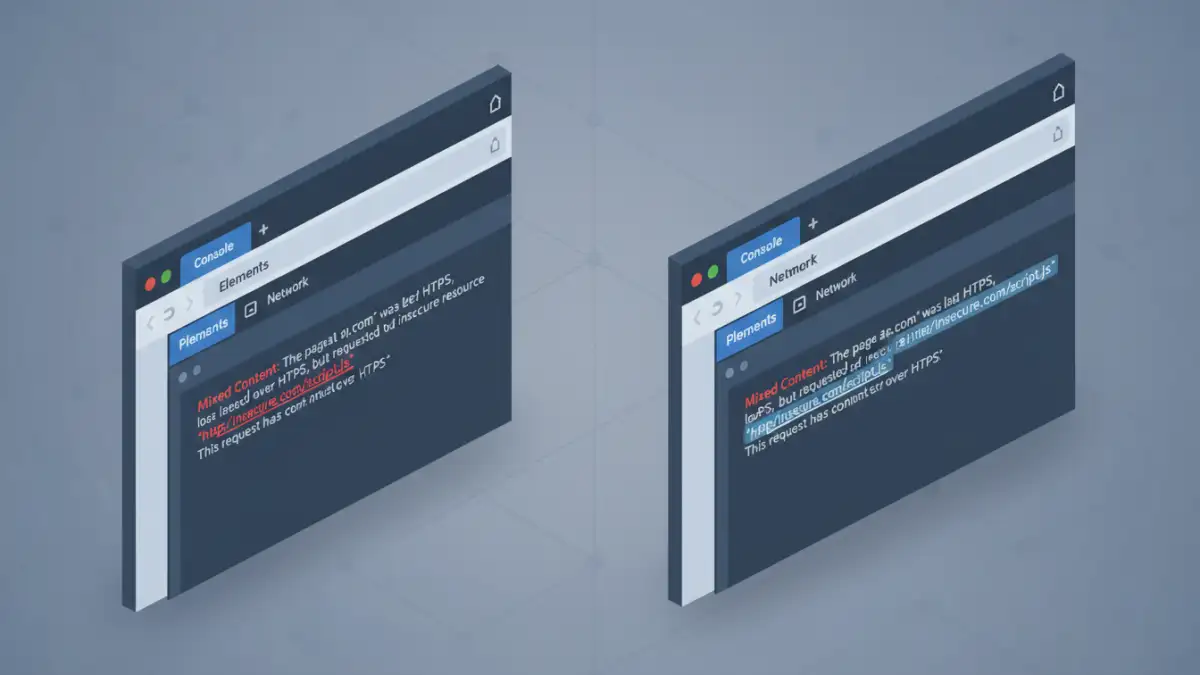 secure pdf mixed content - A before-and-after image showing a mixed content error in the browser console and the corrected HTTPS code.