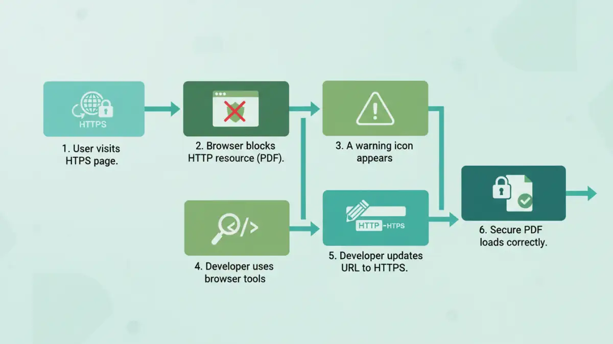 secure pdf mixed content - Infographic flowchart explaining the process of identifying and fixing mixed content errors for PDFs.