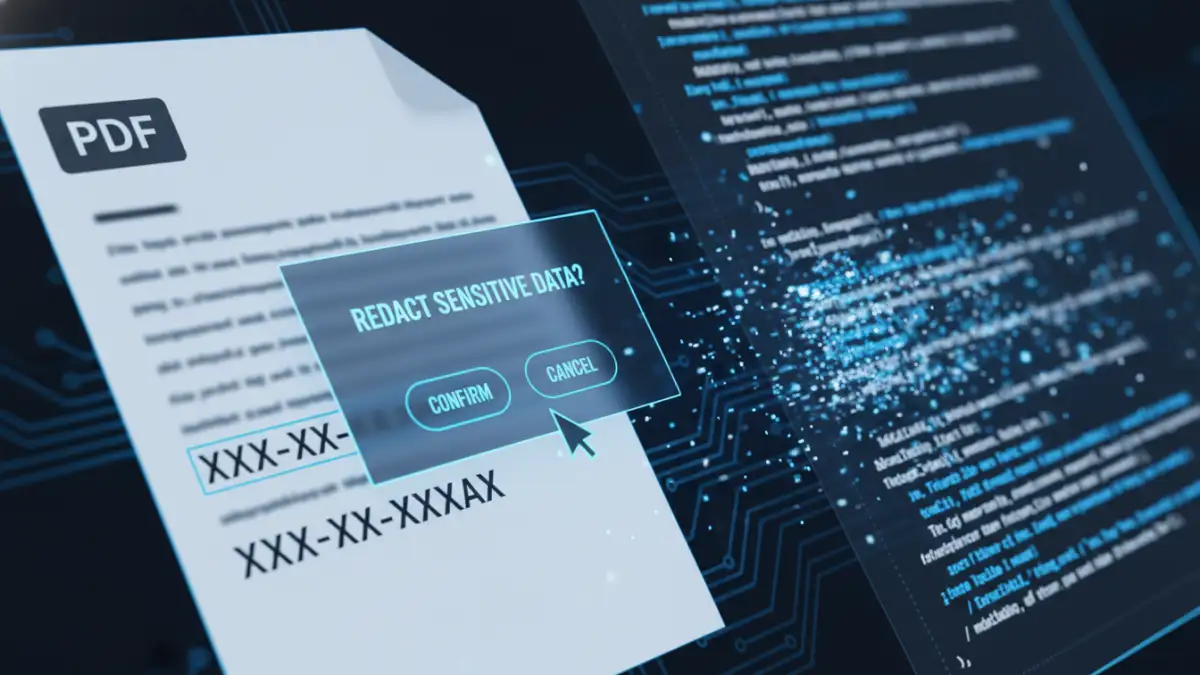secure pdf redaction - A close-up of government redaction tools in action, showing text and metadata being scrubbed from a file.