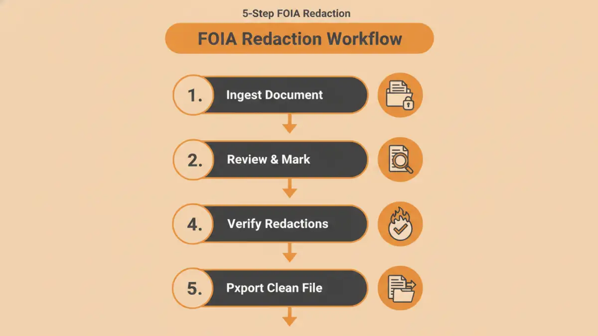 secure pdf redaction - An infographic showing the 5-step workflow for secure document redaction for public records requests.