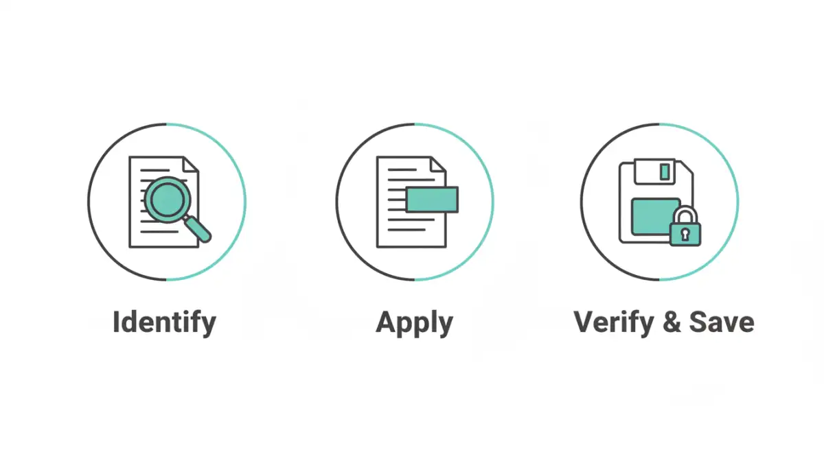 secure pdf redaction tool secure pdf redaction tool - Infographic showing the three steps to correctly redact a PDF document.