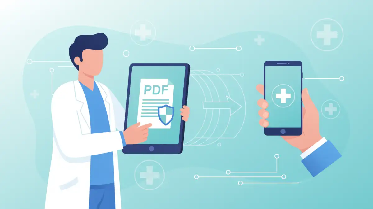 secure pdf sharing - A healthcare provider securely sharing a patient file from a tablet.