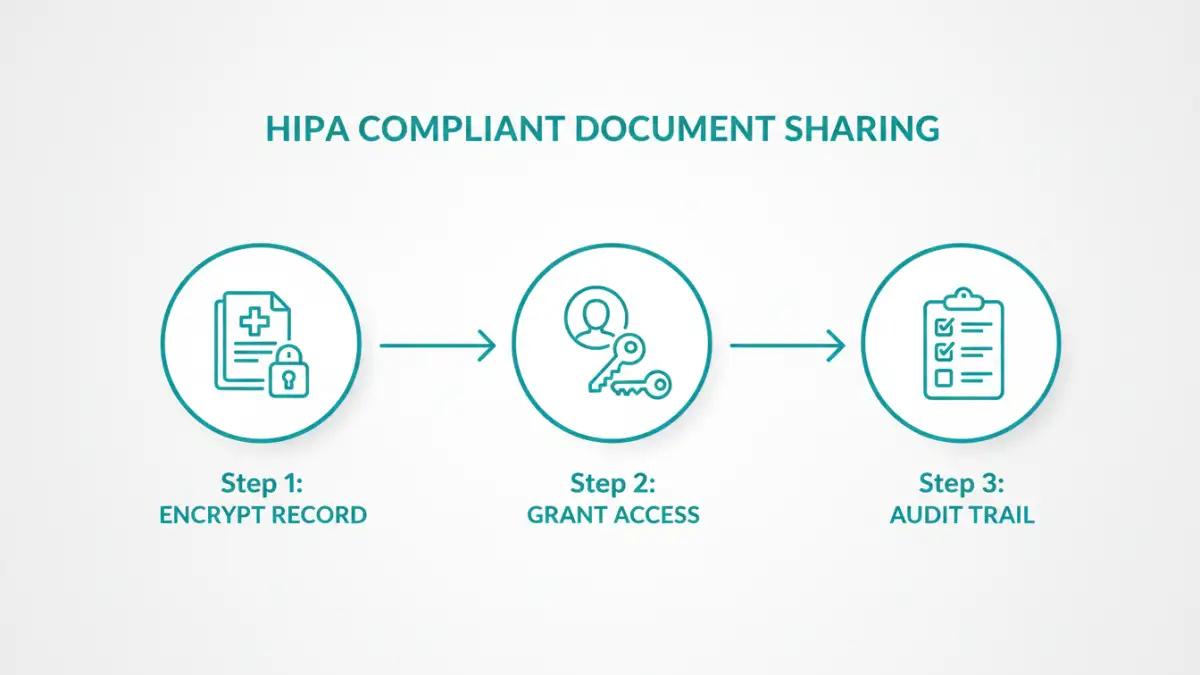 secure pdf sharing - Infographic showing the three key steps of HIPAA compliant document sharing.
