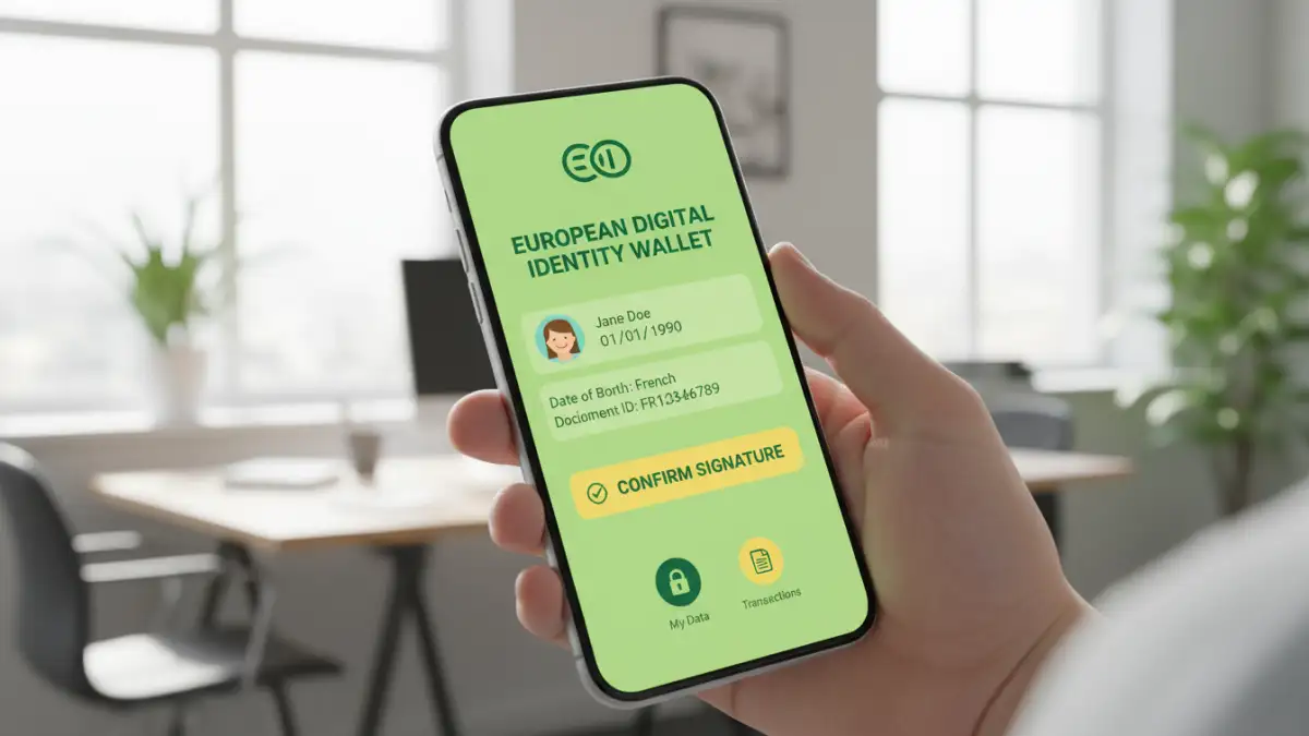 secure PDF signing Europe - A smartphone screen displaying the EU Digital Identity Wallet interface for document signing.