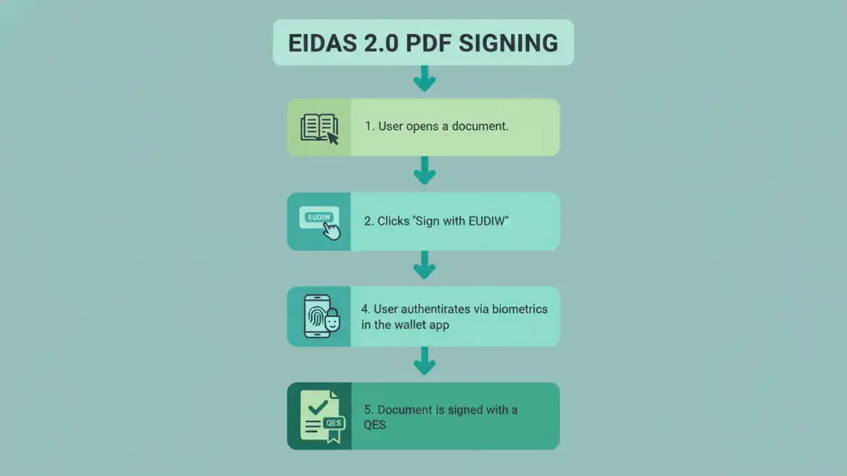 secure PDF signing Europe - Infographic flowchart showing the steps for secure PDF signing using the EU Digital Identity Wallet under eIDAS 2.0.