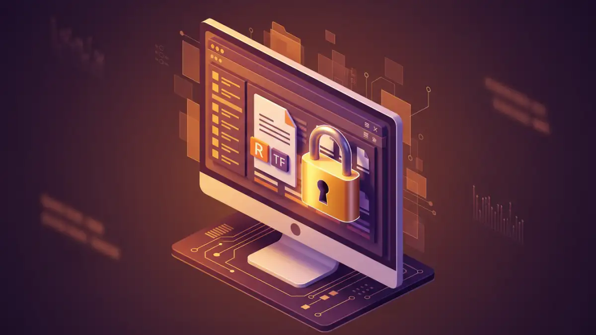 secure RTF document files - 3D isometric view of an RTF file secured with a padlock icon