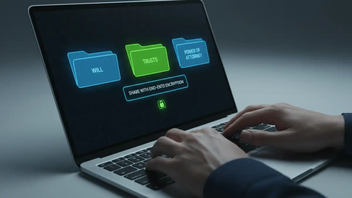 securely shared family documents - A person using a laptop to encrypt and share legal documents in a secure cloud storage application.