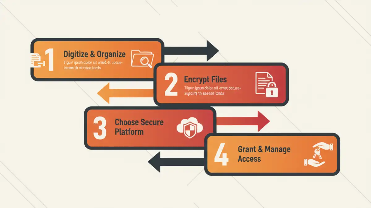 securely shared family documents - Infographic showing the four steps to securely share family documents: digitize, encrypt, store, and share.