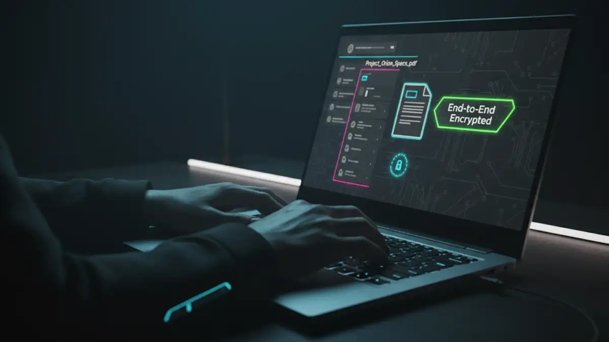 security with encrypted documents security with encrypted documents - A user interacting with a secure collaboration tool showing a file's encryption status.