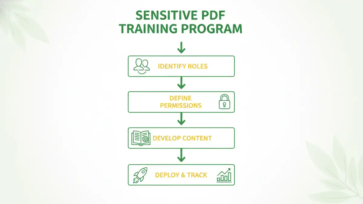 Infographic flowchart of the steps to implement sensitive PDF documents training.