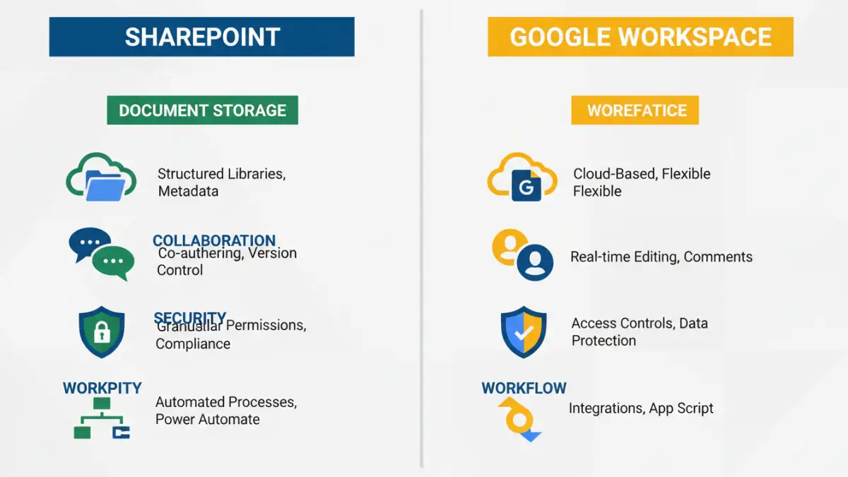 sharepoint vs google workspace - Infographic detailing features of SharePoint and Google Workspace