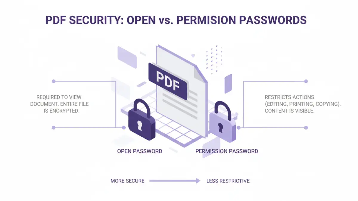 sharing encrypted pdf permissions sharing encrypted pdf permissions - Infographic comparing PDF open vs. permission passwords