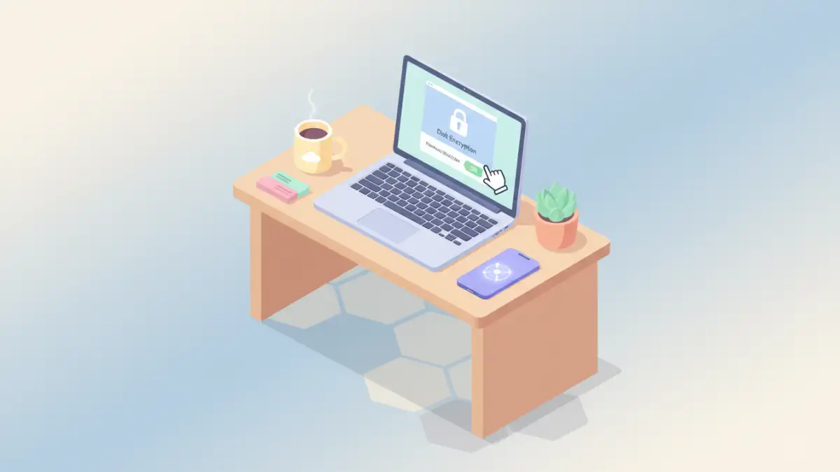 small business file encryption small business file encryption - Illustration of a user easily enabling built-in disk encryption on their laptop, a key first step for SMB security.