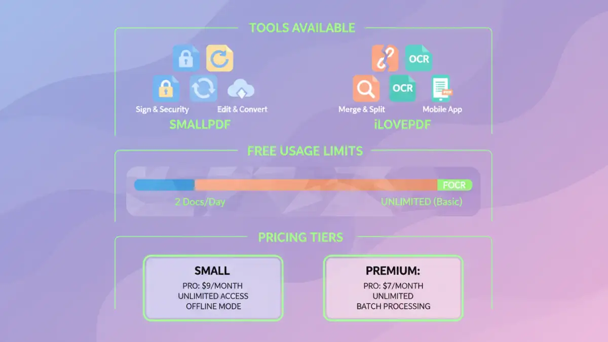 smallpdf vs ilovepdf smallpdf vs ilovepdf - Infographic detailing features of Smallpdf and iLovePDF