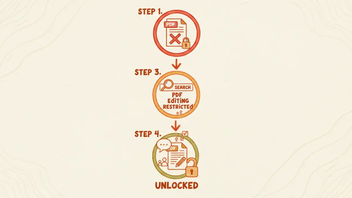 solving pdf permission errors - Infographic showing the process of using online forums to fix PDF errors