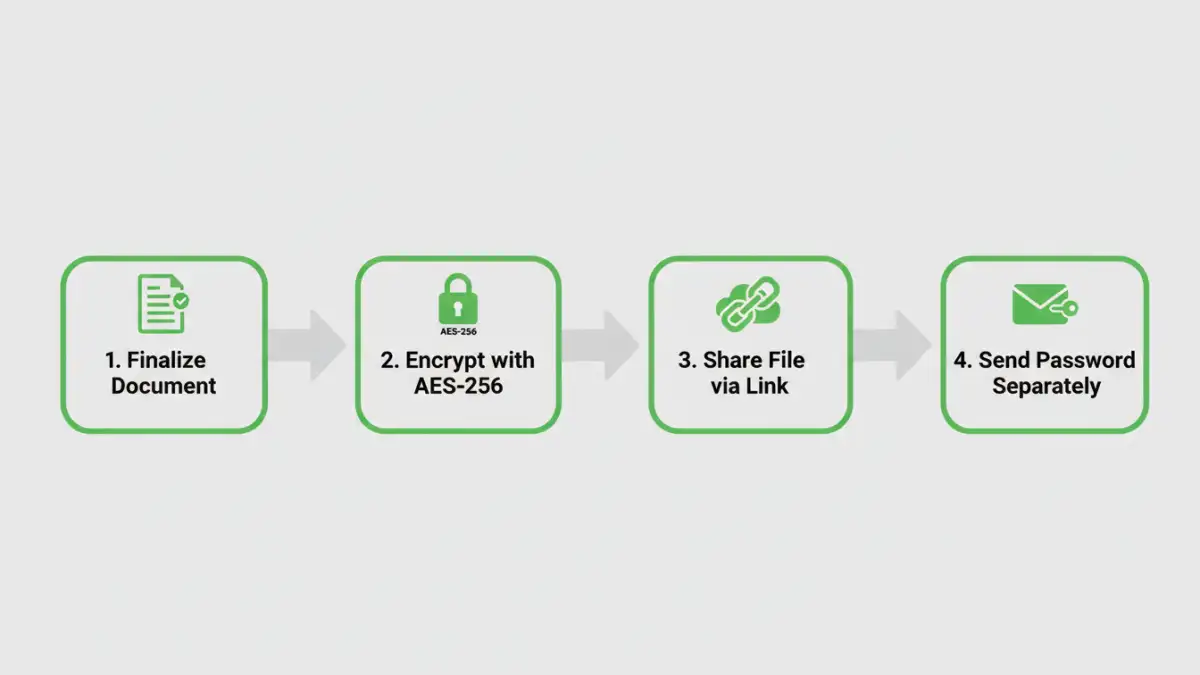 startup pdf encryption - Infographic showing the 4-step process for securely sharing encrypted PDFs with investors.