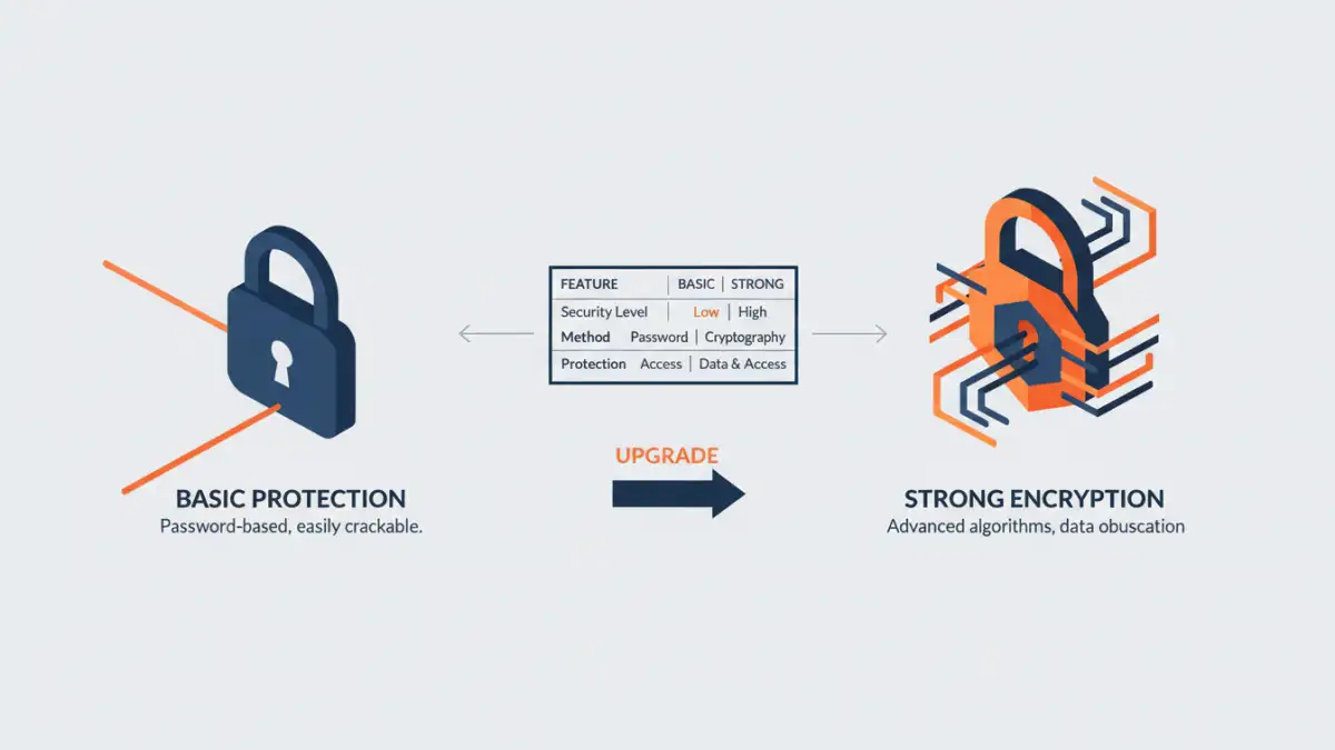 strong pdf encryption Infographic comparing basic PDF password protection and strong PDF encryption