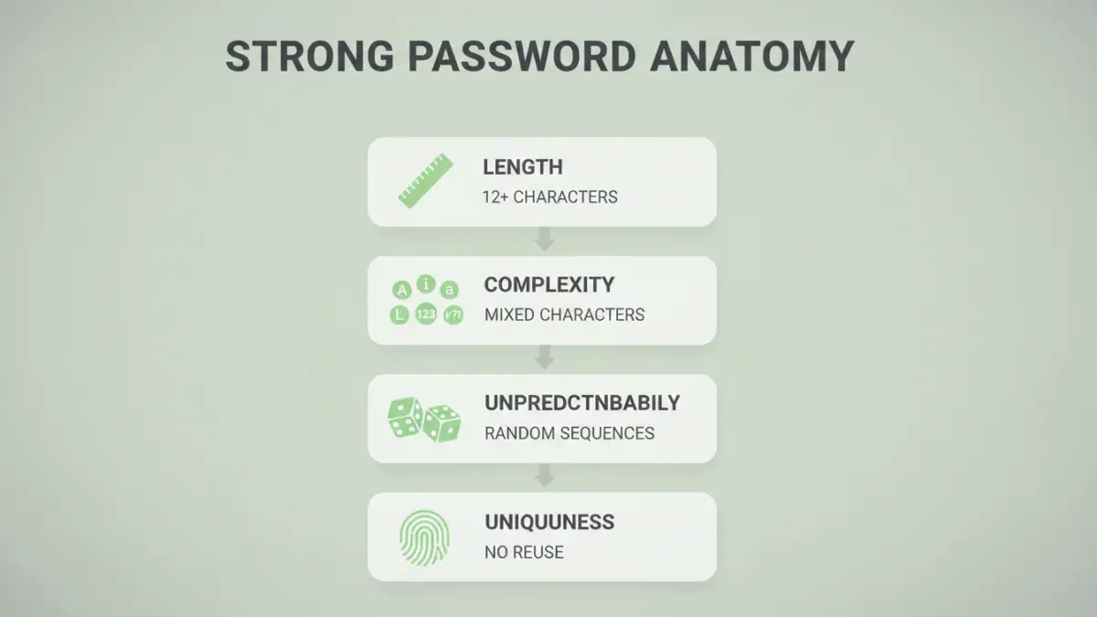 strong pdf passwords - Infographic showing the four key components of a strong password: length, complexity, unpredictability, and uniqueness.