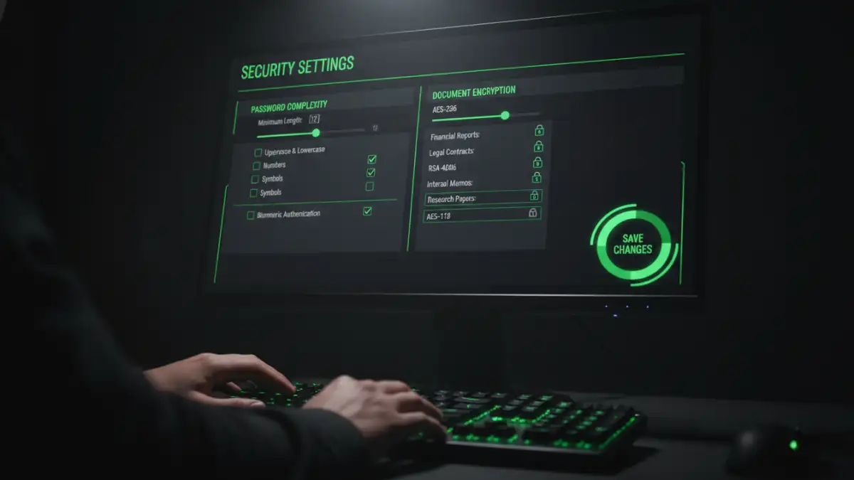 A computer screen showing a Document Management System (DMS) interface with settings for unified document password policies and encryption.