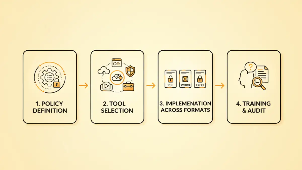 Infographic detailing the four key steps to establish unified document password policies, from definition to training and auditing.