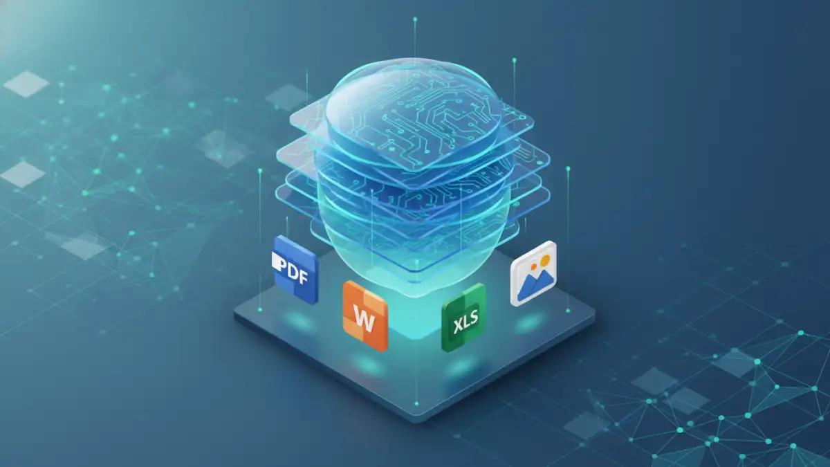 Abstract layered security shield protecting various document types, symbolizing uniform file password protection