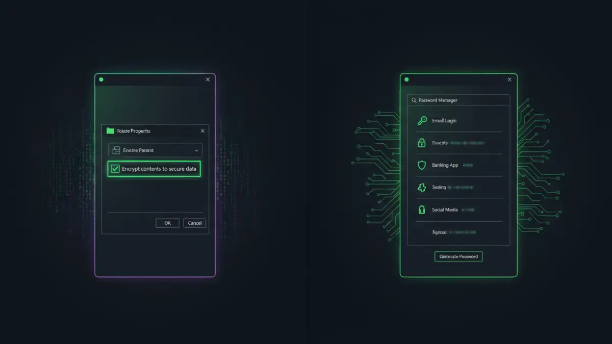 Split-screen image showing file encryption options in Windows and a password manager interface for uniform file password protection