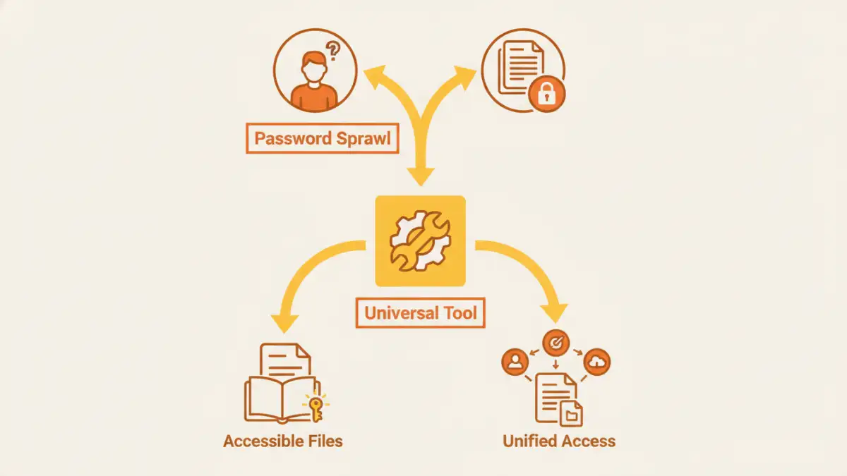Infographic explaining how a universal document password tool solves the problem of password sprawl.