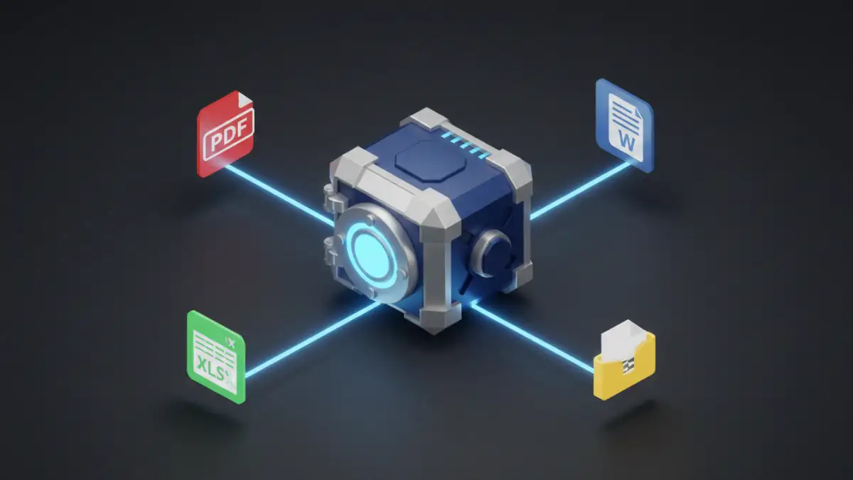 A central vault representing a universal file password solution connecting to different document types.