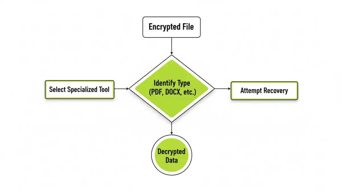 Infographic flowchart showing the process of identifying file type to unlock document encryption.