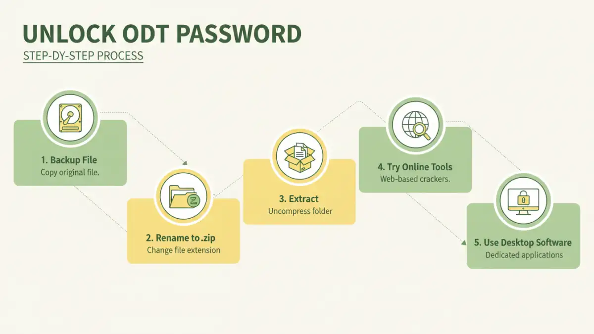 unlock odt document password Infographic showing steps and methods to unlock ODT document password