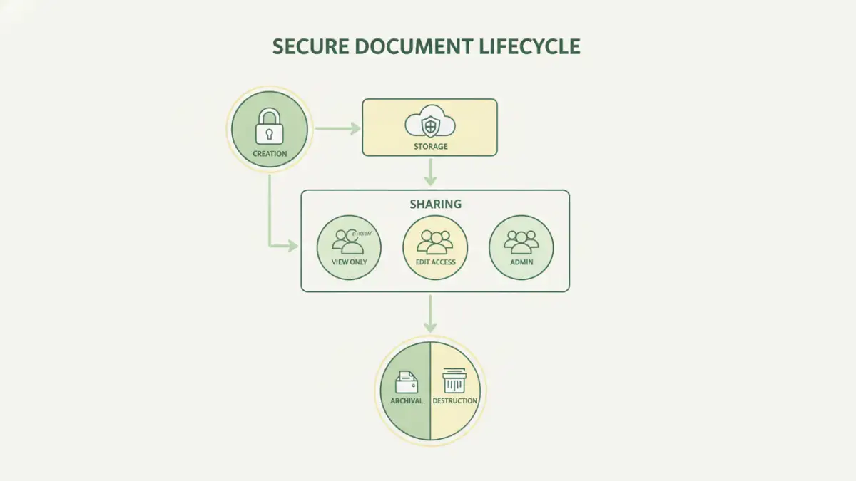 unsecured documents security - Infographic showing the secure lifecycle of a document from creation to deletion.