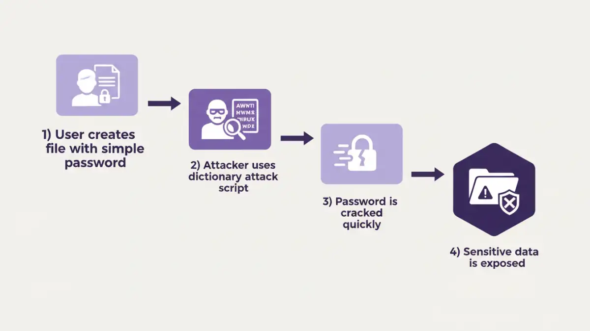 weak file passwords - Infographic showing how a weak file password leads to a data breach.