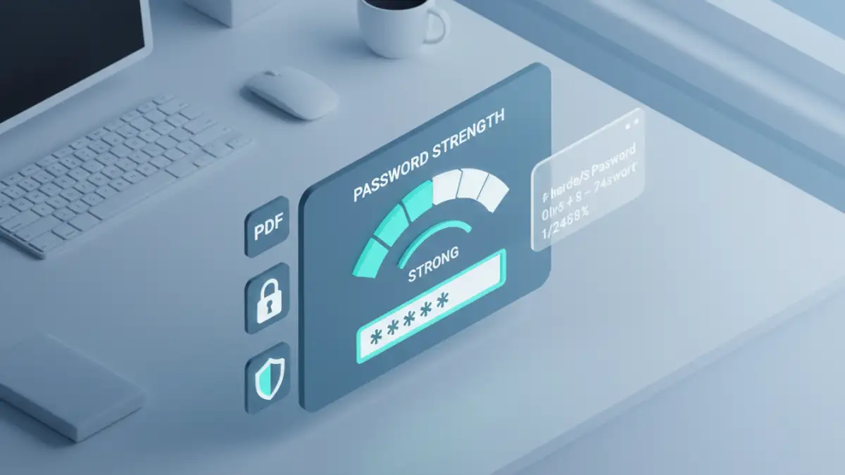 weak pdf password - User setting up a strong password for a PDF document using security software.